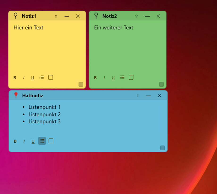 KDNotes Desktop: mehrere farbige Notizfenster mit Text, Listen und Formatierungsleiste auf dem Windows-Desktop