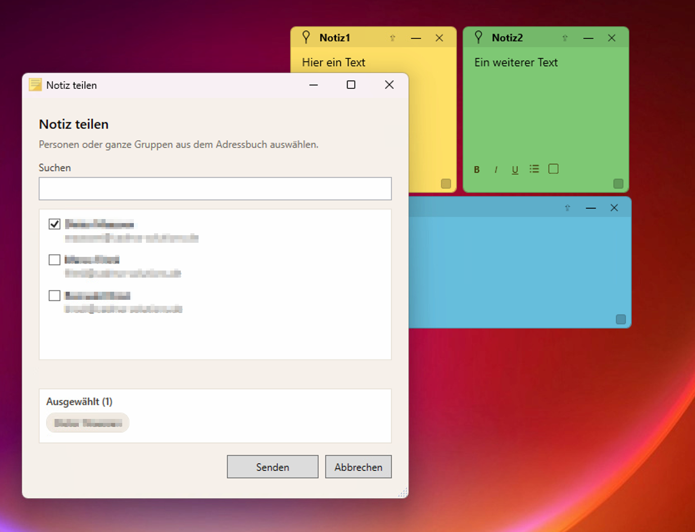 KDNotes Dialog Notiz teilen: Empfänger und Gruppen aus dem Adressbuch auswählen